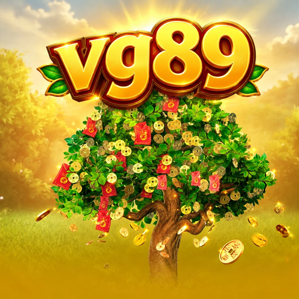โลโก้ vg89 ด้านบนต้นไม้แห่งโชคลาภที่เต็มไปด้วยซองอั่งเปาและเหรียญทองในเกม Fortune Tree