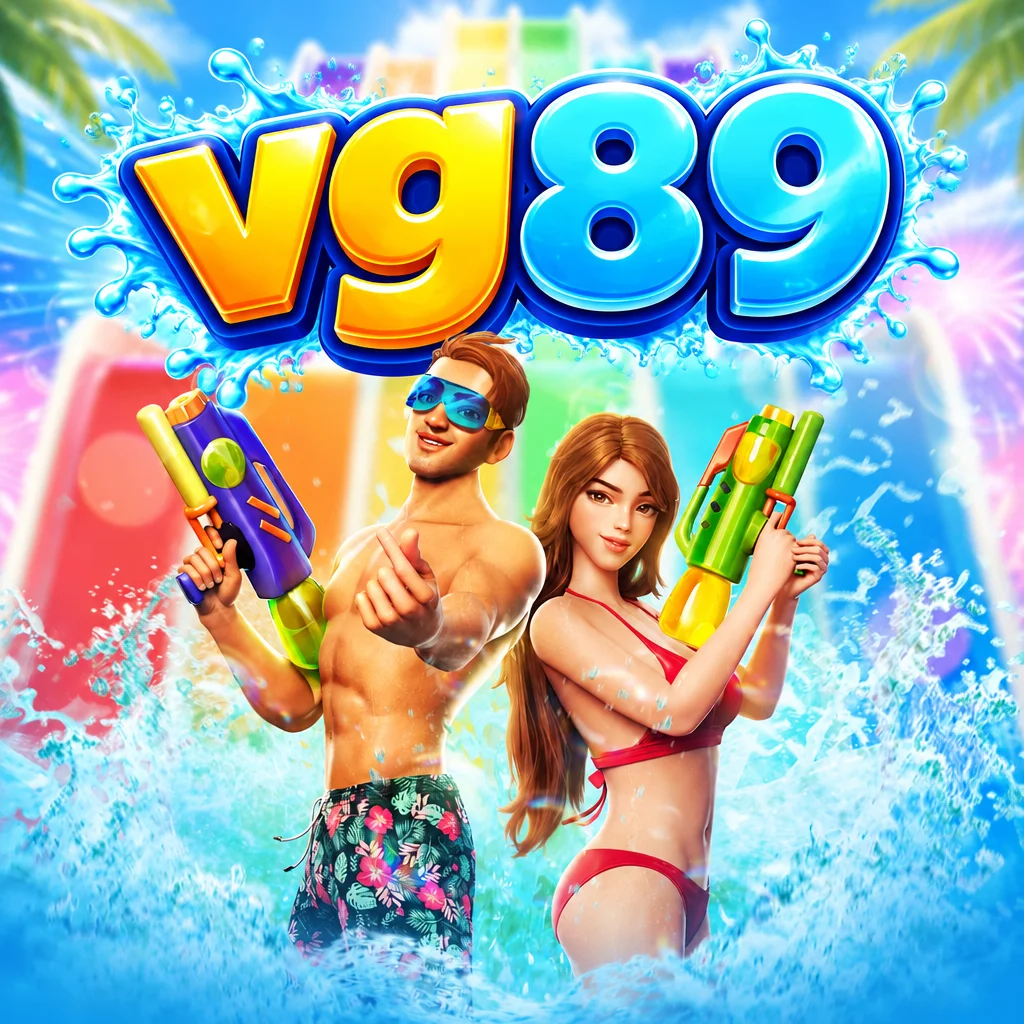 โลโก้ vg89 เหนือชายหนุ่มและหญิงสาวถือปืนฉีดน้ำท่ามกลางละอองน้ำในเกม Songkran Spl